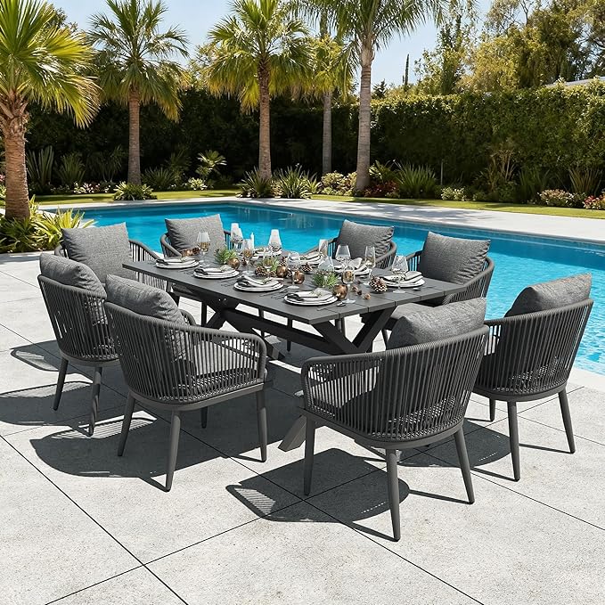 LayinSun 9 Pieces Outdoor Patio Dining Set, Aluminium Rectangular Dining Table and Wicker Rattan Chairs Set for Outside Backyard, Poolside