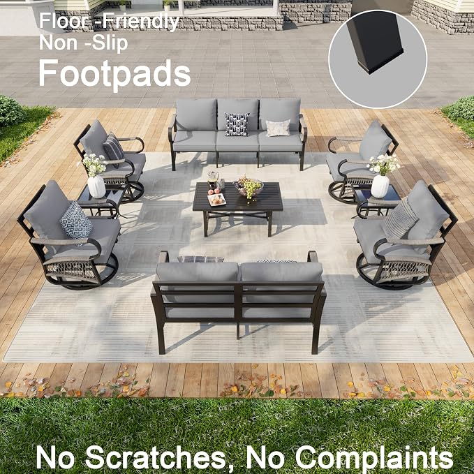 9 Pieces Patio Furniture Set, Metal Outdoor Conversation Sets with Swivel Chairs, Modern Couch Sofa Seating Group with Coffee Table and Side Table (Thick Gray Cushions)