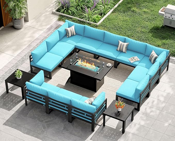NICESOUL 15 Piece Extra Large Aluminum Patio Furniture Set with Fire Pit Table, Modular Outdoor Conversation Set with Coffee Table, 500 lbs Sturdy Comfy Sectional Sofa for Poolside Exterior, Turquoise