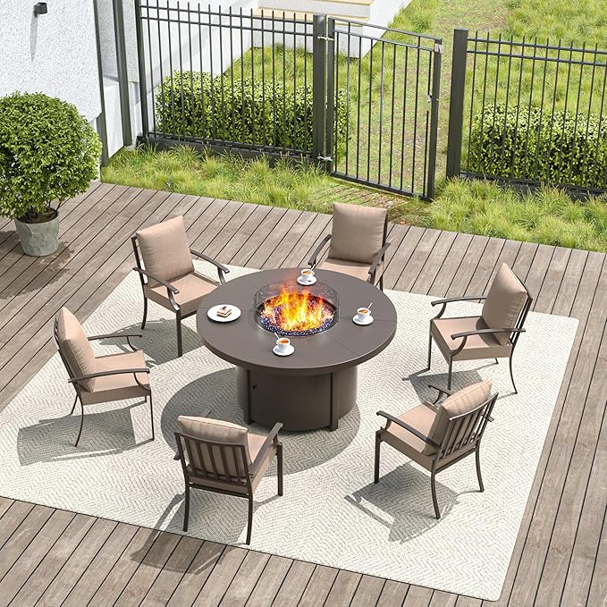 7 Pieces Outdoor Patio Furniture Set with 48" Round Propane Fire Pit Table,Patio Dining Set Outdoor Conversation Sets 6 Chairs for Deck,Backyard and Garden,Brown