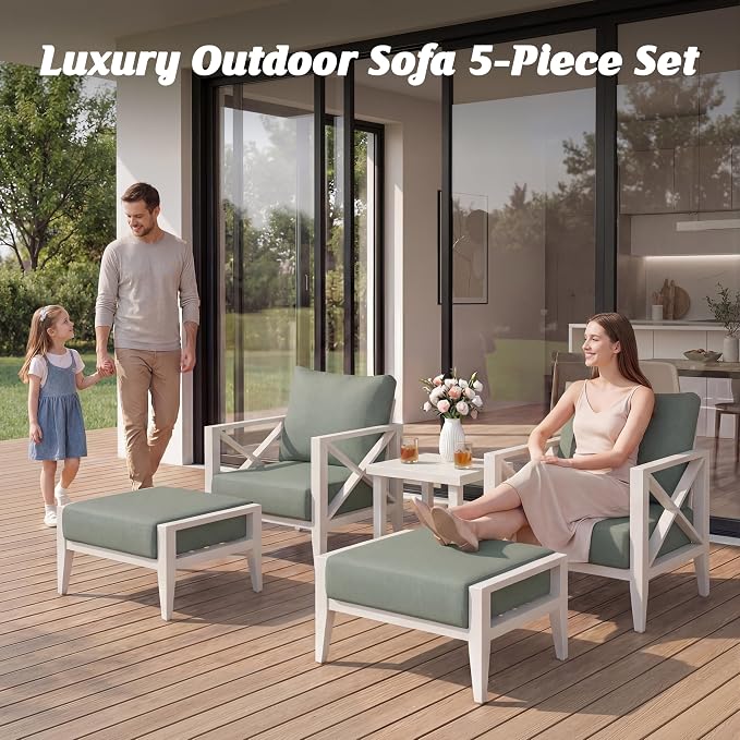 Aluminum Outdoor Patio Furniture Set with 5.2" Thick Cushions, 11-Piece Outdoor Sectional with Ottomans, Patio Conversation Sets for Backyard,(White,5 Seats)