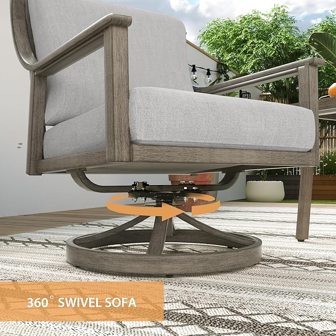 HAPPATIO 4-Piece Outdoor Patio Furniture Set for 5, Aluminum Outdoor Conversation Set Includes 1 Three-Seater Sofa, 2 Swivel Chairs, and 1 Coffee Table, Perfect for Porch, Deck, Garden, (Grey)