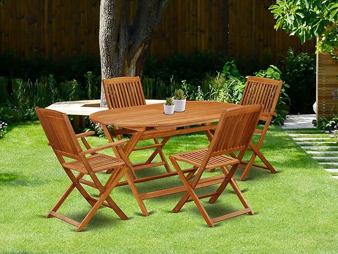 East West Furniture DICM52CANA 5 Piece Patio Dining Set Includes an Oval Outdoor Acacia Wood Table and 2 Folding Arm Chairs with 2 Side Chairs, 36x60 Inch, Natural Oil