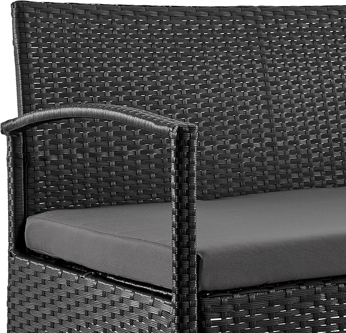 Manhattan Comfort Noli 4-Piece Patio Conversation Set, Outdoor Furniture Made of Steel Rattan | Includes 2 Modern Armchairs, Loveseat, Tempered Glass Coffee Table, Removable Waterproof Cushions, Grey