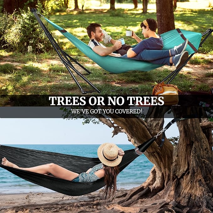 Tranquillo Combo x2 Hammocks with Stand for Outside & Tree Straps, Heavy Duty Hammock with Stand 600lbs for Indoor Outdoor Patio Backyard, x2 Hammocks for 2 Person (Combo - Sky, Medium)