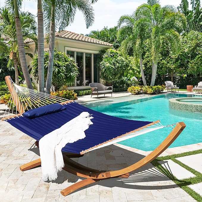 Lazy Daze Hammocks 12 FT Double Quilted Fabric Hammock and 13 FT Natural Wood Arc Stand, with Spreader Bar, Removable Pillow, 2 Person Hammock for Poolside Outdoor Patio, 450 lbs Capacity, Navy Blue