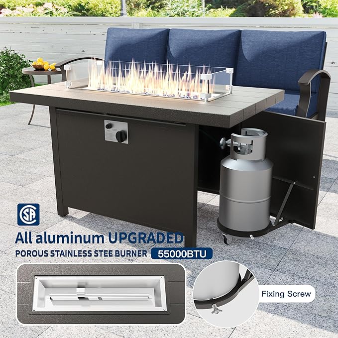 Kullavik Aluminum Patio Furniture Set,7 Pieces 7 Seat Metal Outdoor Furniture Conversation Set w/45 Propane Gas Fire Pit,Swivel Rocking Chairs Set,Navy Blue