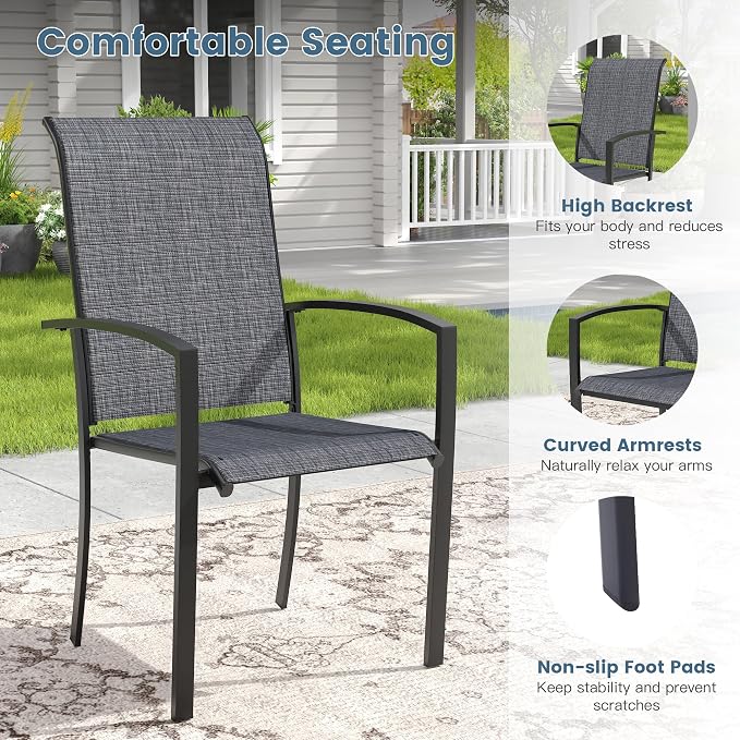 DIFY 7 Pieces Outdoor Dining Set, Metal Patio Table and Chairs Set for 6 with Umbrella Hole, 47.2" Round Dining Table and Textilene Stackable Patio Chairs for Garden Backyard Poolside, Black