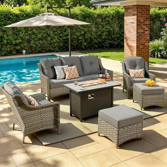 6 Piece Patio Furniture Set with Fire Pit Table, Outdoor Wicker High Back Sofa Chairs Ottoman with Comfy Cushions, Modern Conversation Sets for Backyard Deck Garden Poolside, Dark Gray