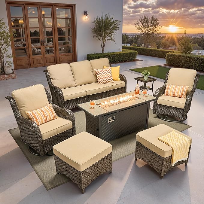 ovios 7-Piece Patio Furniture Set with Swivel Chairs Coffee Table, Outdoor Wicker Sofa with 54" Fire Pit Table, High Back Couch Modern Conversation Sets, Brown/Beige