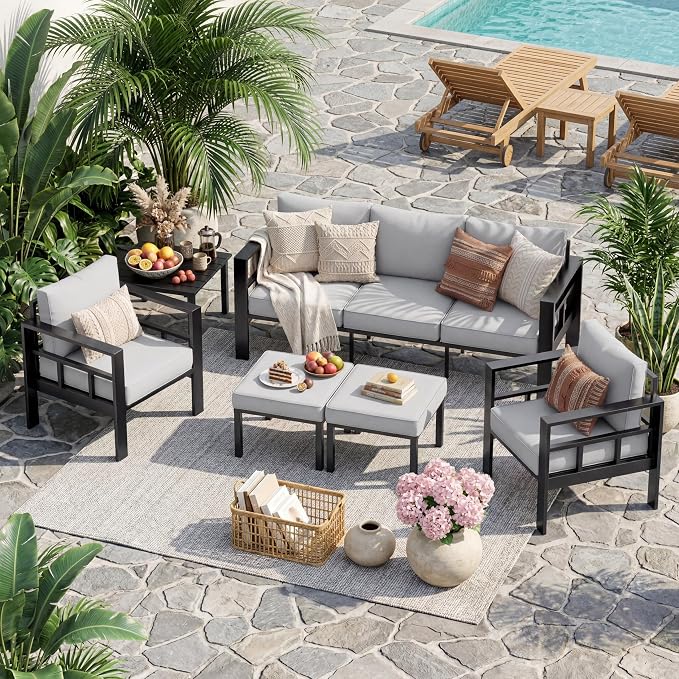 UDPATIO Aluminum Outdoor Furniture Set with 2 Ottomans, 6 Pieces All-Weather & UV-Resistant Patio Sectional Sofa Set for Deck, Backyard, Poolside, Light Gray
