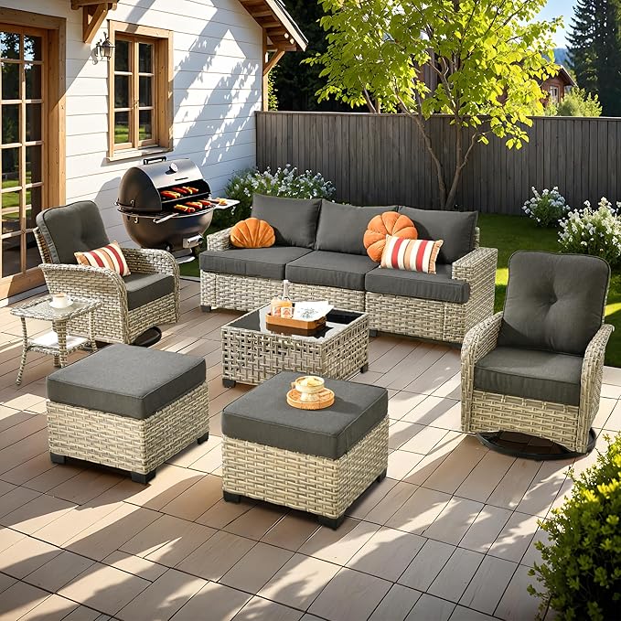 9 Pcs Outdoor Sectional Patio Furniture Set with Swivel Rocking Chair and Ottomans - All Weather Wicker Outside Sectional Couch,Patio Seating Outdoor Conversation Sets for Deck Yard Garden,Black