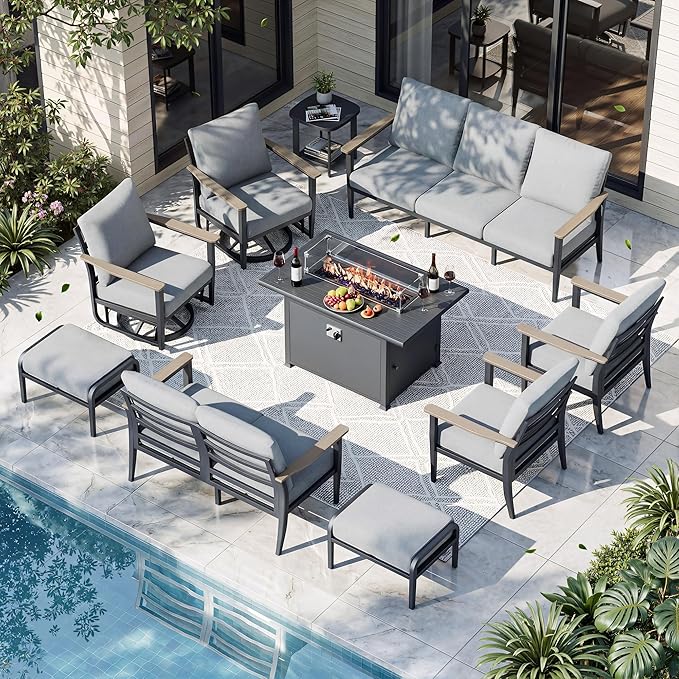 11-Seat Outdoor Patio Furniture Set with Rocking Swivel Chair, Aluminum Sectional Sofa with Ottomans Patio Conversation Set with 55,000 BTU Fire Pit Table & High Backrest, Grey