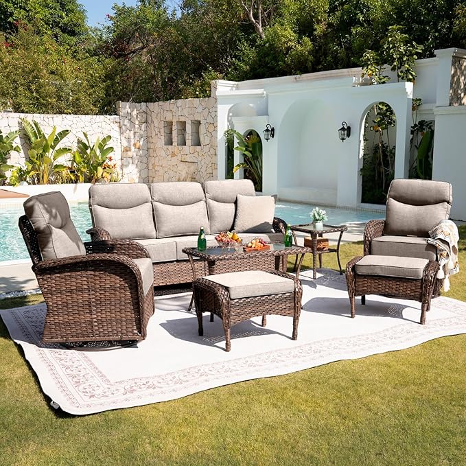 Belord Upgraded 6“ Cushion Luxury Patio Furniture Set with Fire Pit Table - 7 Piece Wicker Furniture Set with High Back Swivel Rocker Patio Chairs, Conversation Set for Deck Porch Yard - Brown/Beige