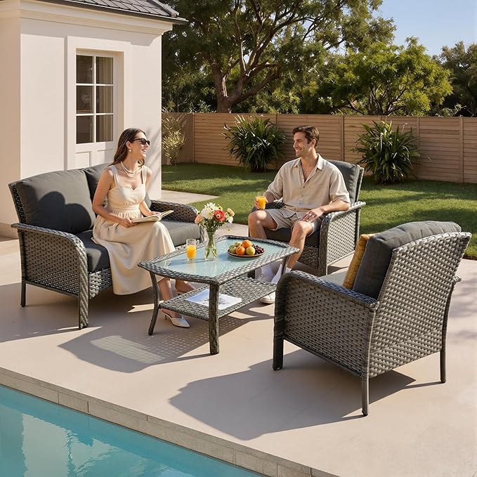 4-Piece Patio Furniture Set, Outdoor Wicker Furniture with Coffee Table, All Weather High Back Loveseat Patio Chairs, Modern Rattan Outdoor Chairs Conversation Set for Porch, Balcony, Garden,Black
