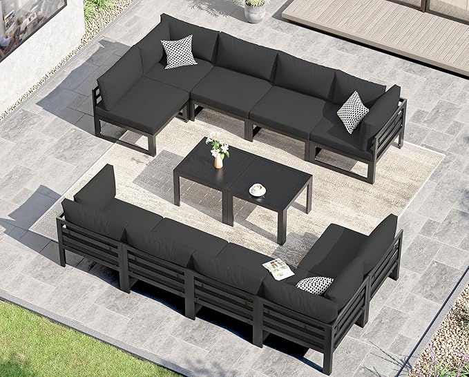 NICESOUL 12 Piece Extra Large Contemporary Aluminum Outdoor Furniture Set with End Table 29" Deep Wide Couch Set, 500 lbs High Weight Capacity Modular Patio Sectional Sofa for Poolside Deck, Black