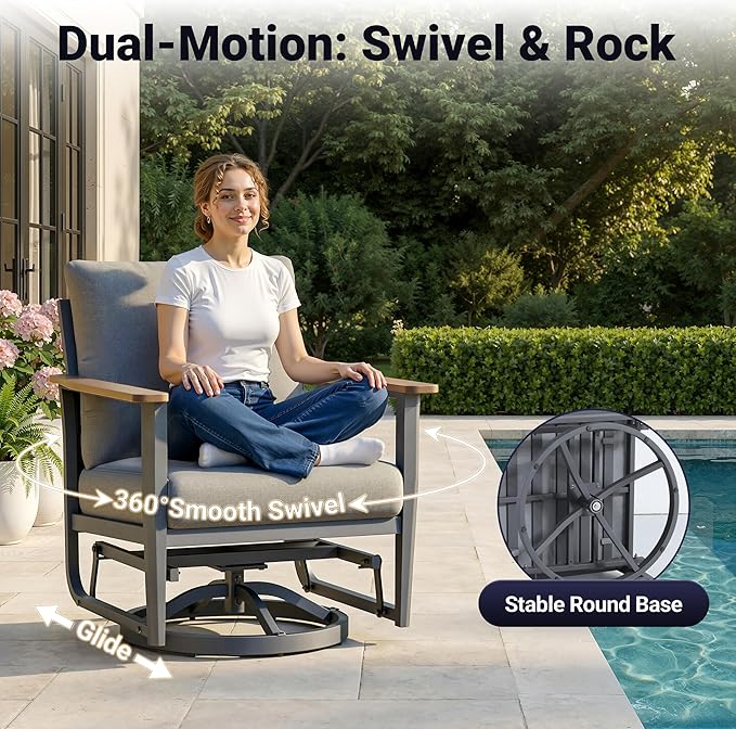 Aluminum Outdoor Patio Furniture Set, 6-Piece Sectional Sofa with 5.1" Thick Cushions, Swivel Rocking Chairs, 55,000 BTU Propane Fire Pit Table, Outdoor Couch for Backyard, Deck, Gray