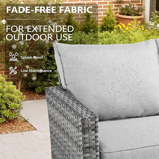 Patio Furniture, All Weather Wicker 6 PCS Outdoor Sofa with High Back Swivel Rocker Chairs, Conversation Set with Solar Light Coffee Table,Light Rattan Dark Gray Cushion
