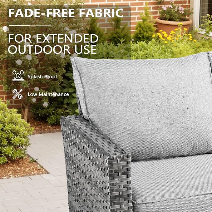 CAODOC 7-Piece Outdoor Wicker Patio Set with 7 Seats, Including 53" Fire Pit - Swivel Rocker Chairs and Conversation Set for Backyard or Lawn, Gray Rattan with Waterproof Dark Gray Cushions