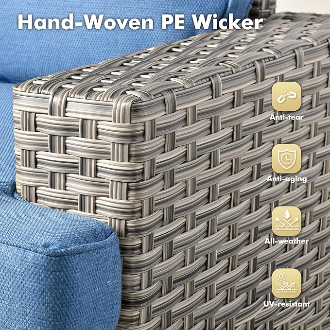 Weaxty 9 Pieces Patio Furniture Set, Outdoor Sectional Furniture Sofa Set w/Swivel Rocking Chairs Coffee Table, PE Wicker Modular Couch Conversation Set for Backyard Garden,Sapphire Blue