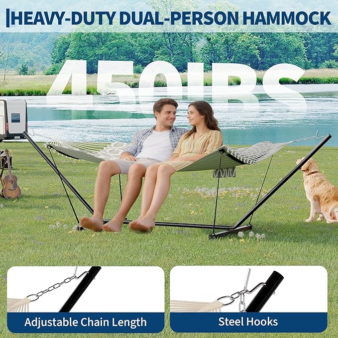 GarveeLife 2 Person Double Hammock with Stand and Pillow - 450 Lbs Capacity Heavy Duty Hammock with Balance Rope, Large Outdoor Hammock for Patio Backyard Poolside