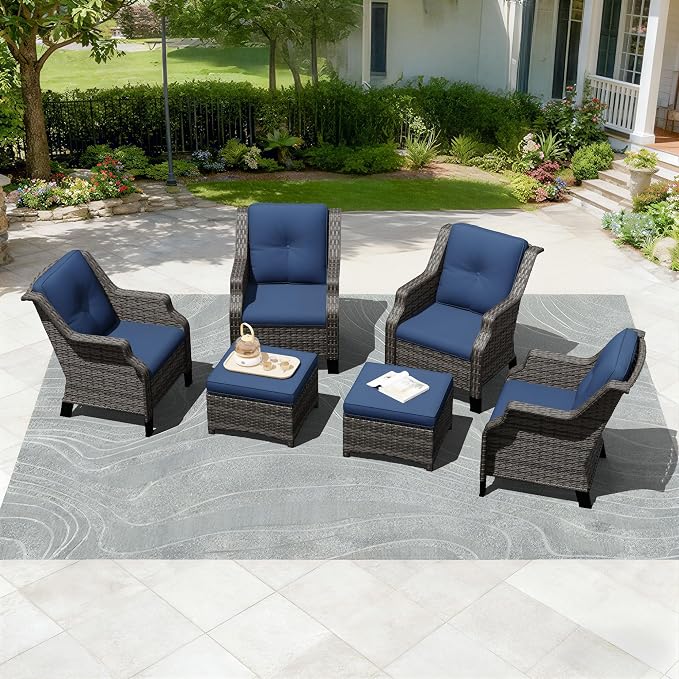 Outdoor Patio Furniture Set, 6 Piece Wicker Patio Furniture with Thick Cushions, Curved Armrest, Deep Seating, Rattan Outdoor Chairs for Porch, Deck, Balcony