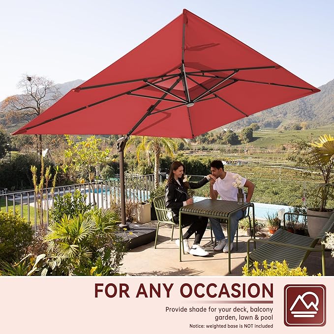 10 X 13 FT Cantilever Outdoor Patio Umbrella with Base Included Large Heavy Duty 360° Rotation Double Top Offset Rectangular Umbrellas with LED Lights for Backyard Outside Deck, Red