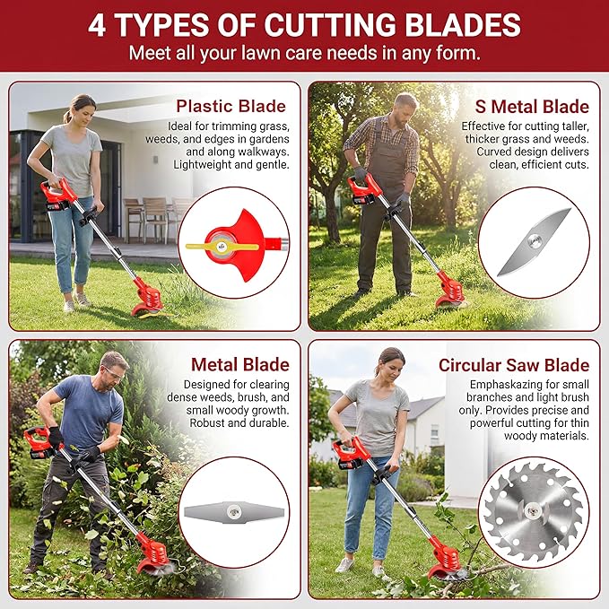 21V Cordless Weed Wacker with Wheels, 3-in-1 String Trimmer/Lawn Edger/Brush Cutter, 2x2.0Ah Battery & 3 Blades, Adjustable Height, Lightweight & Easy for Thick Weeds & Small Yards – Homeowner