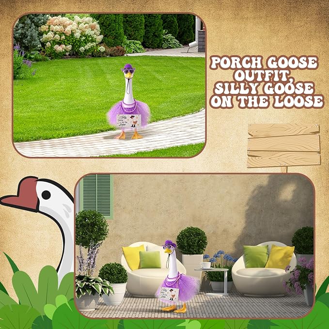 6pcs Purple Princess Porch Goose Outfits for 17-23 Inches | Tutu Skirt Cowboy Hat Glasses Necklaces Wooden Sign for Outdoor Garden Lawn Art Decor