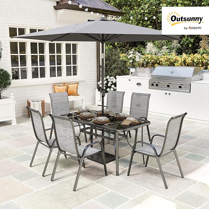 Outsunny 8 Pieces Patio Table and Chairs Set with 9 Ft Patio Umbrella, Outdoor Dining Set with 4.6 Ft Dining Table and 6 Chairs, Push Button Tilt and Crank Parasol, Tempered Glass Top, Mixed Gray