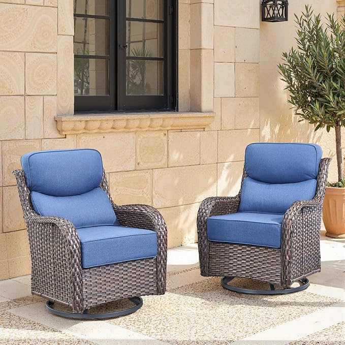 Swivel Patio Chairs sofa Set of 2 with 6" Thick Cushion - Wicker Outdoor Swivel Rocker Patio Chair ,Sofa/Glass coffee table, High Back Comfortable Outdoor Glider Chairs - Brown Wicker | Blue Cushions