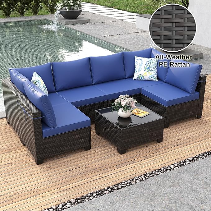 7 Pieces Patio Furniture Set, Outdoor Sectional Rattan Sofa Set, Wicker Patio Conversation Set with Cushions and Glass Coffee Table, for Balcony, Porch, Garden, (Brown/Blue)
