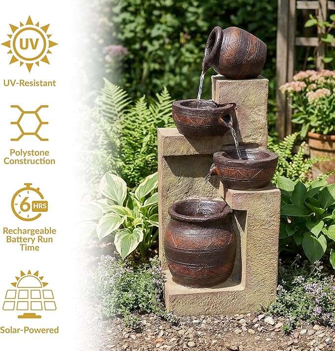 Sunnydaze Cascading Terra Bowls Solar Water Fountain - 30-Inch Outdoor Water Feature with LED Light - for Garden, Patio, Decks