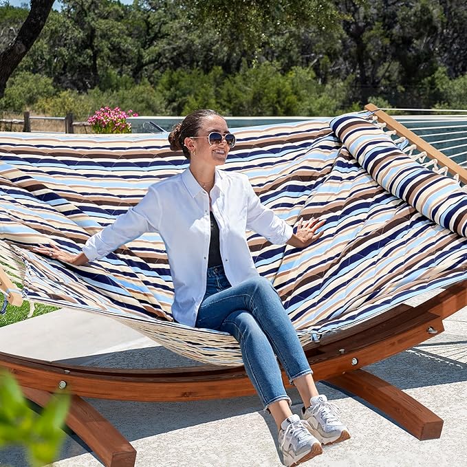 ANOW 13.5FT Curved Wood Stand with Double Hammock, Heavy Duty Larch Wood Arc Stand with 2 Chains, 4 Balance Ropes and 4 Carabiners, Includes Blue Seaside Rope Hammock with Spreader Bars