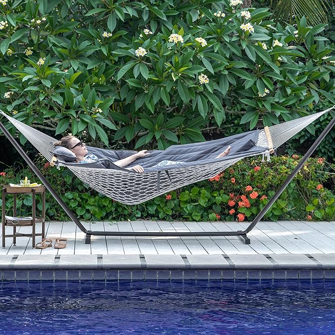 Lazy Daze Hammocks 2 Person Portable Hammock with 12FT Stand, Double Hand Woven Cotton Rope Hammock with Detachable Quilted Pad & Pillow for Outside, 450lb Capacity, Grey