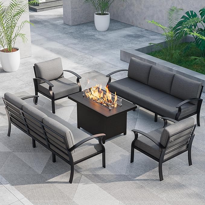 ALAULM Aluminum Patio Furniture Set with Propane Fire Pit Table 8-seat Metal Outdoor Furniture w/Fire Pit Patio Conversation Set w/5.1" Cushions for Patio, Backyard, Poolside-Grey