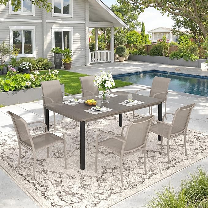 DIFY 7 Pieces Outdoor Patio Dining Set for 6, 63" Grey Wood-Like Rectangle Metal Dining Table and 6 Sandshell Stackable Sling Dining Chairs, Outdoor Table and Chairs for Lawn Garden Backyard Deck