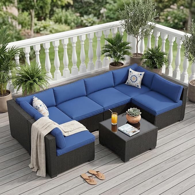 7 PCS Outdoor Sectional Furniture Set, Wicker Conversation Set Sofa, Black | Freely combinable outdoor conversation sofa Weather resistant rattan wicker furniture Easy clean
