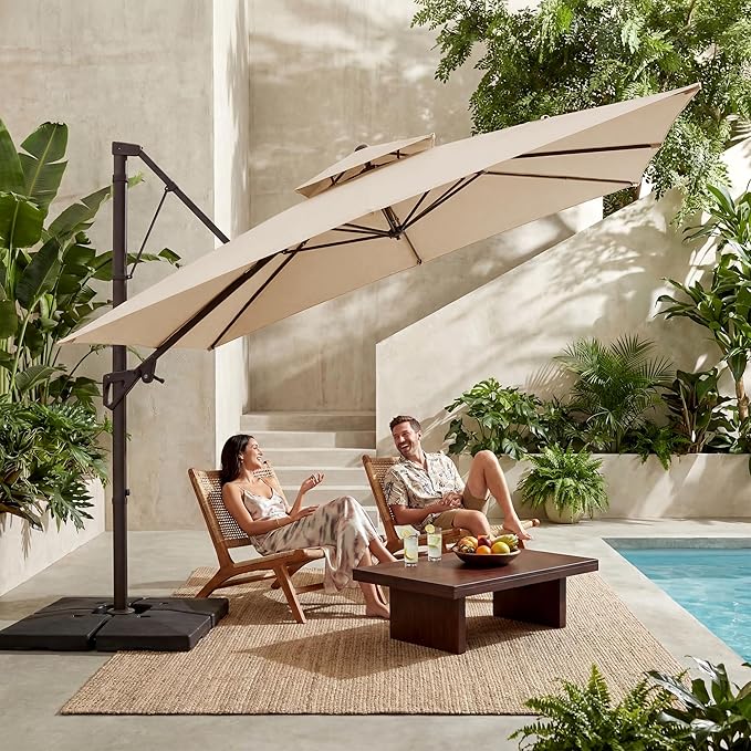 JEAREY 11ft 2-Tier Cantilever Patio Umbrella, Large Square Outdoor Offset Umbrella with Double Top Vent and 360-degree Rotation for Garden, Deck, Pool, Patio, Beige