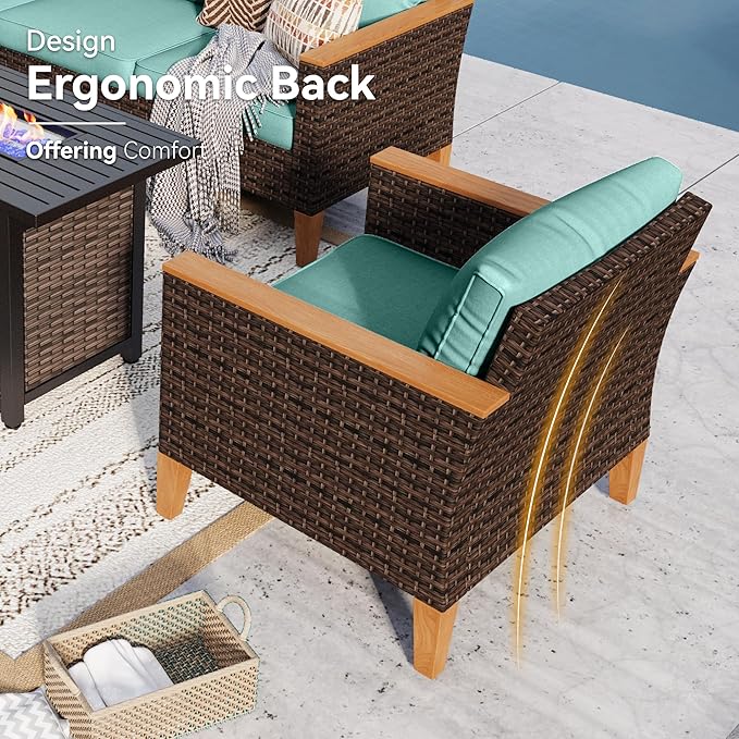 GREEN PARTY 7 Pieces Wicker Patio Furniture Set with 56" Fire Pit Table, All-Weather Outdoor Rattan Patio Sectional Sofa Conversation Set 7 Seats with 4" Thick Cushions for Garden, Backyard (Blue)