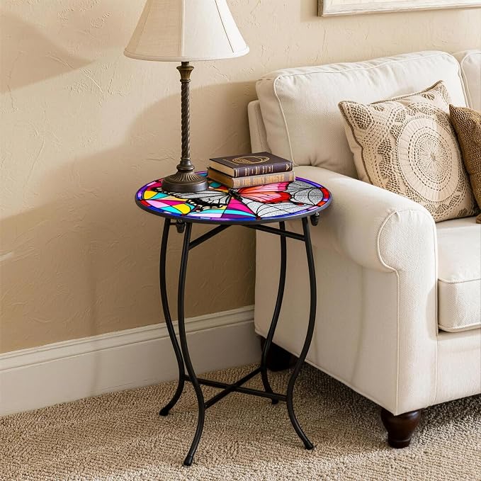 Outdoor Side Table, Indoor Outdoor Small Round Table, Weather Resistant Black Metal Side Table for Livingroom Patio Balcony Yard Porch Garden, 14” Diameter and 17” H Patio Accent Table Plant Stand