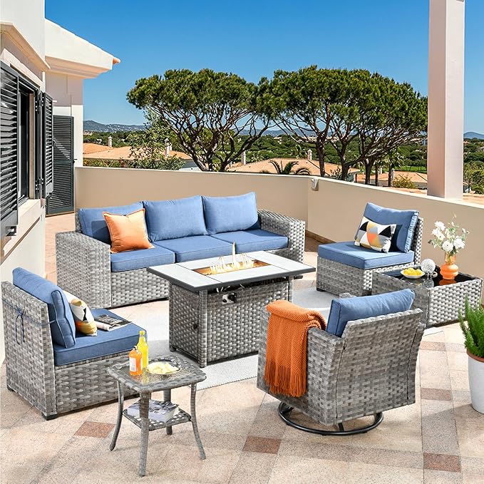 HOOOWOOO Outdoor Patio Sectional Furniture Sofa Set with Large Fire Pit Table,9 Piece Modern Wicker Couch with Swivel Chair,Modular Conversation Seating Set with Widened Armrest(Denim Blue)