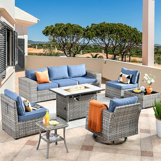 HOOOWOOO Outdoor Patio Sectional Furniture Sofa Set with Large Fire Pit Table,9 Piece Modern Wicker Couch with Swivel Chair,Modular Conversation Seating Set with Widened Armrest(Denim Blue)