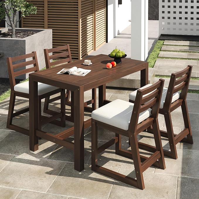 VilroCaz 5-Piece Outdoor Patio Counter Height Dining Set, Acacia Wood Bar Table and Ergonomic Chairs with Removable Cushion, All-Weather Bistro Set Conversation Set with Slatted Tabletop (Mocha-2.10)