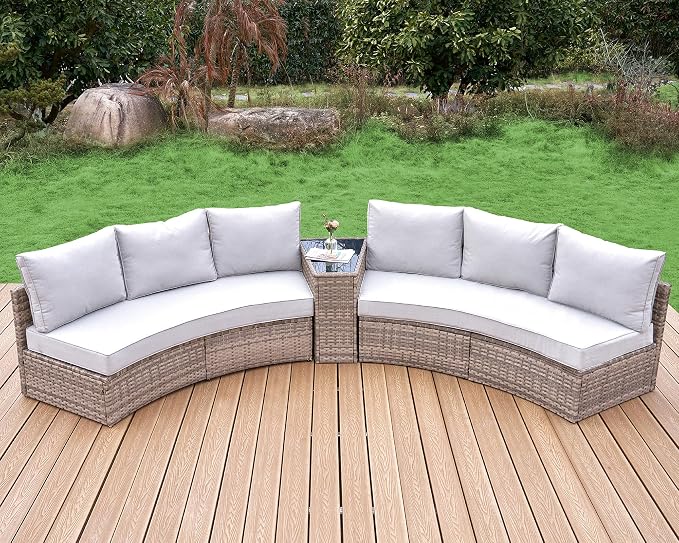 LUXOAK 6-Piece Wicker Patio Furniture Set, Waterproof Half-Moon Sectional Sofa with Cushions, Rattan Outdoor Conversation Set for Garden, Pool, Beach & Balcony, Beige
