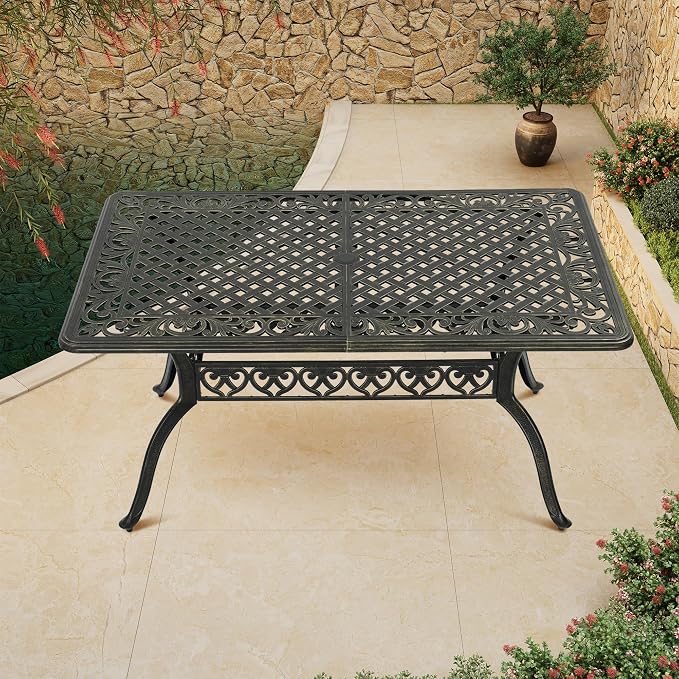 Clihome 59" Outdoor Dining Table 6-Person Cast Aluminum Patio Table with 2" Umbrella Hole Rectangle Patio Dining Table for Yard, Garden, Patio A
