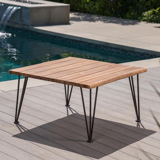 roomfitters Outdoor Wooden Coffee Table with Slatted Top and Iron Hairpin Legs, Patio Accent Table for Garden, Natural