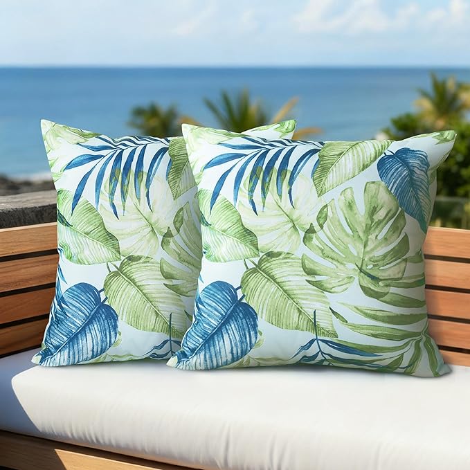 AELS Outdoor Pillow Covers 20x20 Inch, Waterproof Throw Pillow Covers Pack of 2, Water-Resistant Decorative Pillow Case for Patio Furniture Tent Garden, Tropical Leaf, Green, Cover ONLY