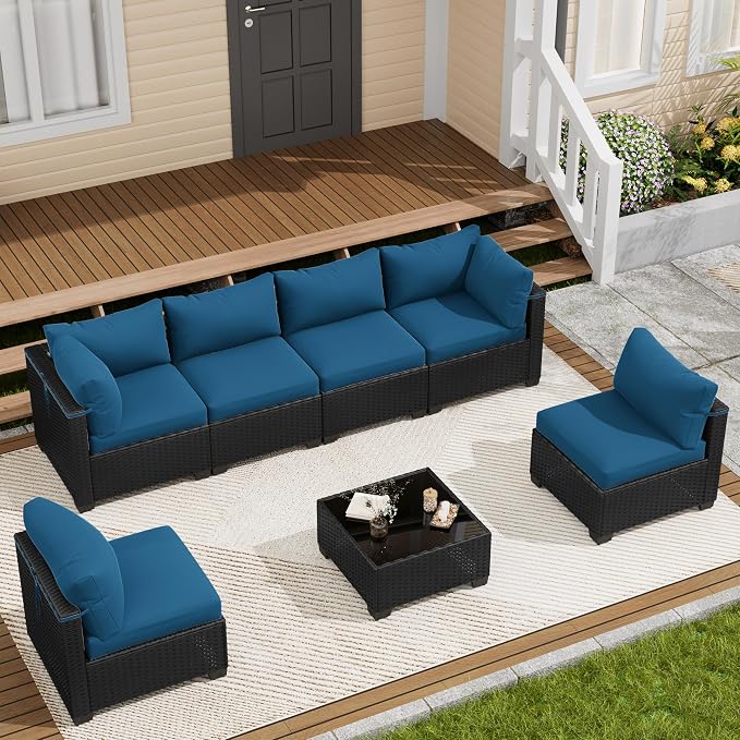 LOUVIXA 7 Piece Outdoor Patio Furniture Set, Outdoor Sectional Sofa, Wicker Rattan Patio Furniture, Patio Conversation Set with Coffee Table & Cushions