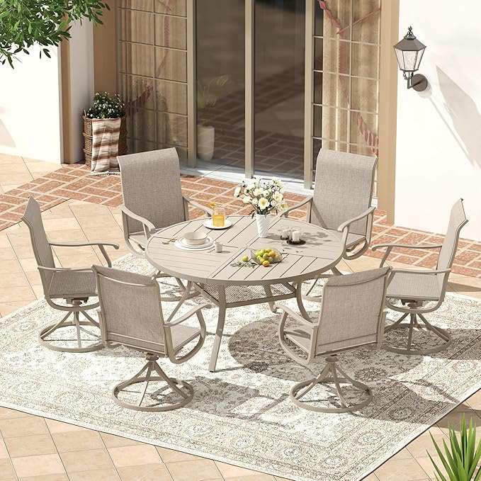VICLLAX Patio 7 Pieces Outdoor Dining Set, 47.2" Round Metal Table with Umbrella Hole and Storage Shelf, 6 Swivel Textilene Chairs for Lawn, Garden, Porch, Sandshell